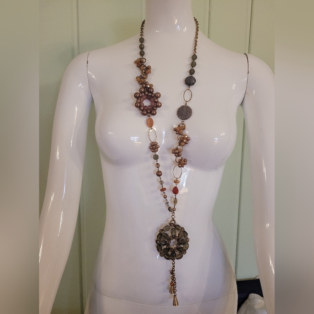 Anthropologie long beaded charm necklace orange, rose, gold